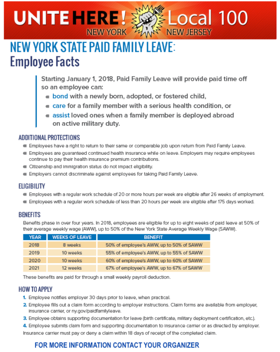 New York State Paid Family Leave UNITE HERE Local 100